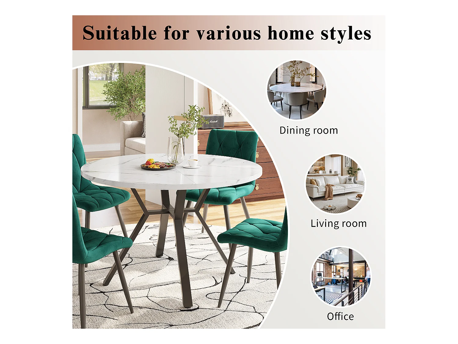 Mesa de jantar redonda moderna e simples 100 x 75 cm, efeito mármore, com suporte de metal, preta