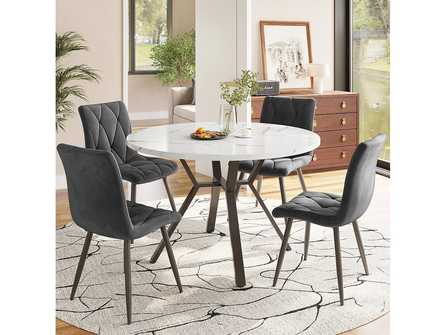 Tavolo da pranzo rotondo moderno e semplice, 100 x 75 cm, effetto marmo, con base in metallo, Nero