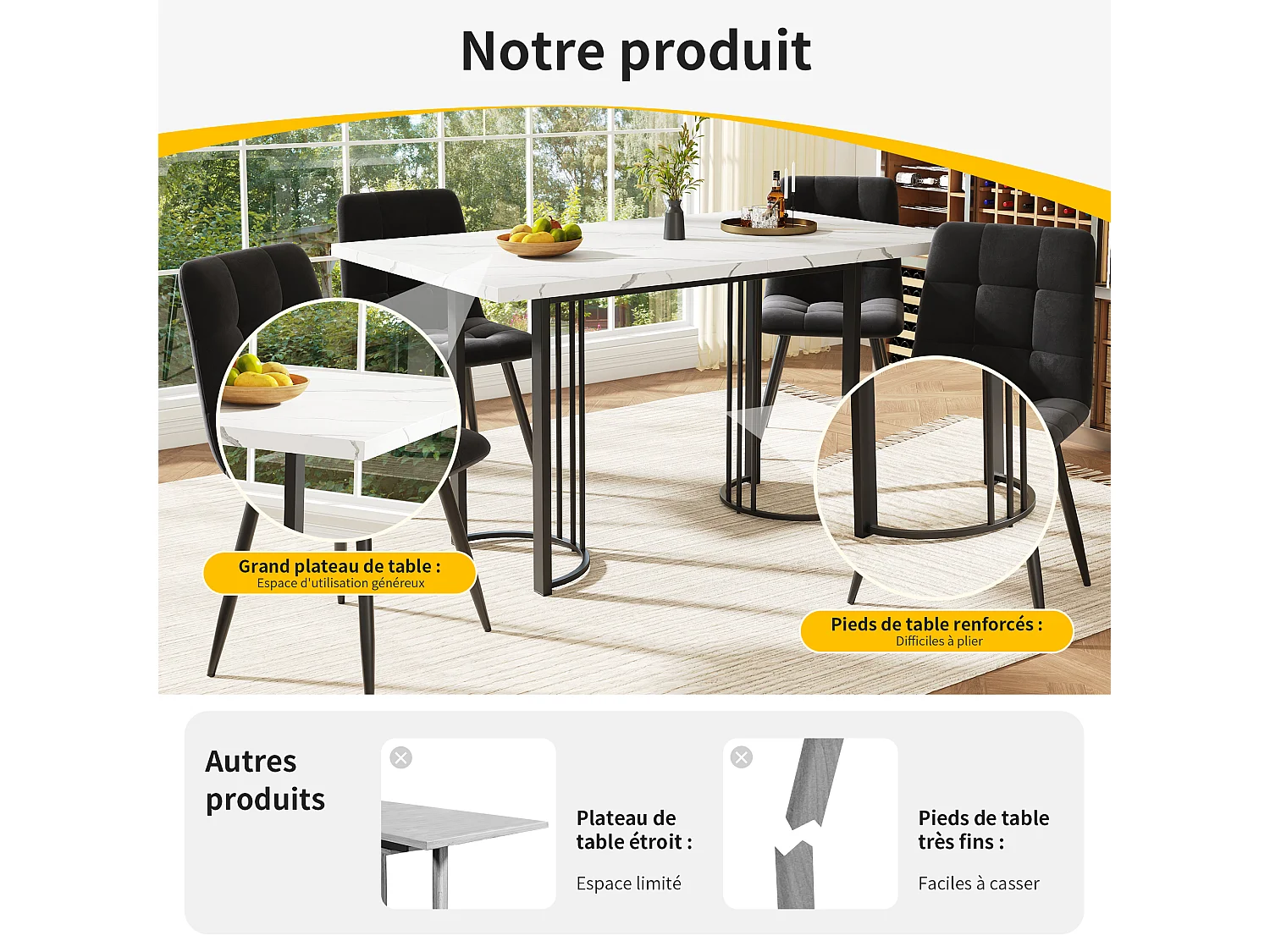 Table de salle à manger 140x80 cm avec 8 chaises noir, cadre en métal, ensemble extensible