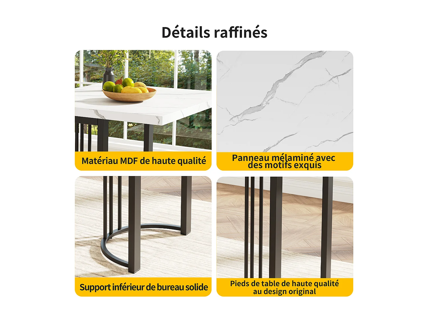 Table de salle à manger 140x80 cm avec 8 chaises noir, cadre en métal, ensemble extensible