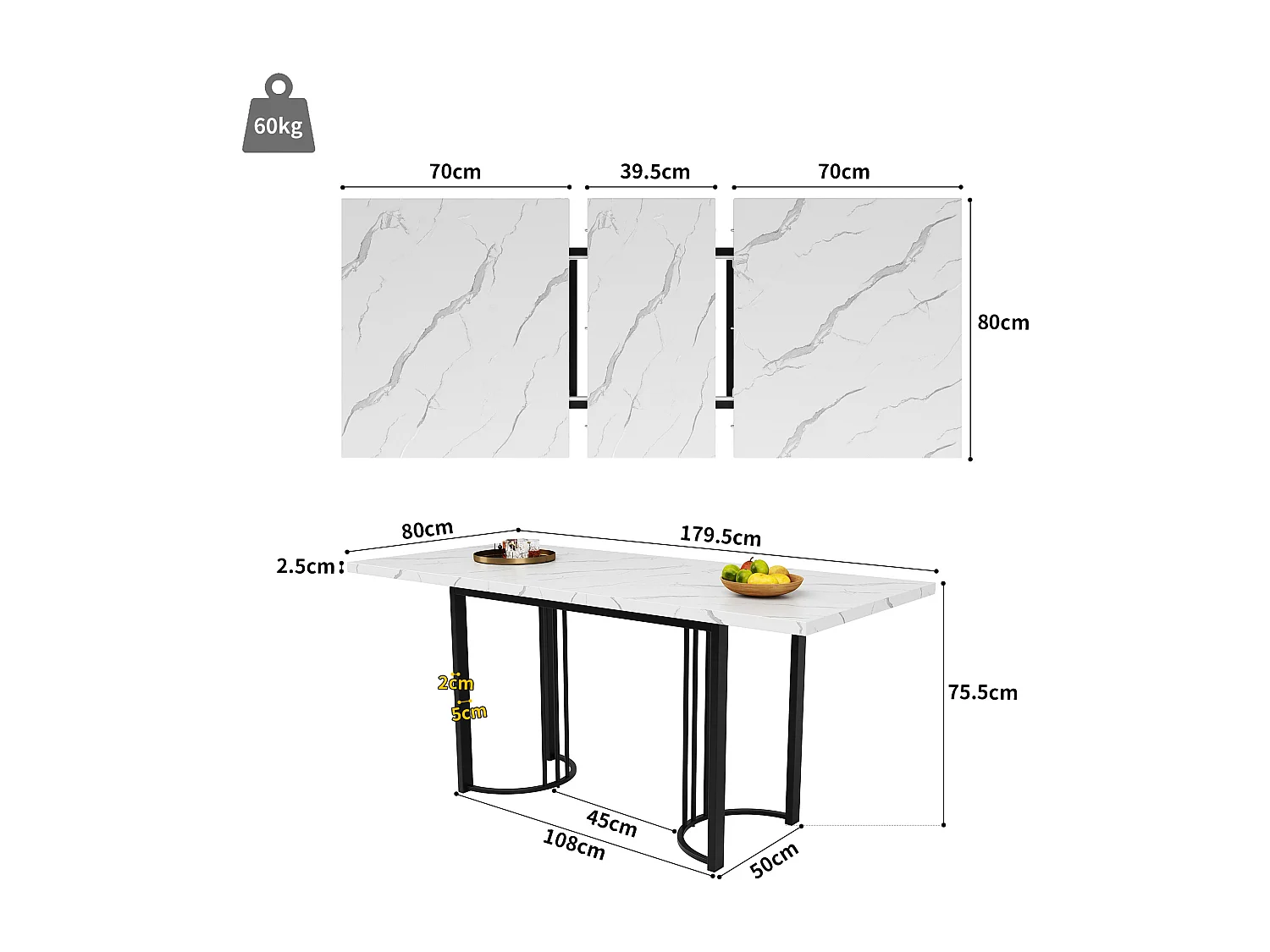 Table de salle à manger 140x80 cm avec 8 chaises noir, cadre en métal, ensemble extensible