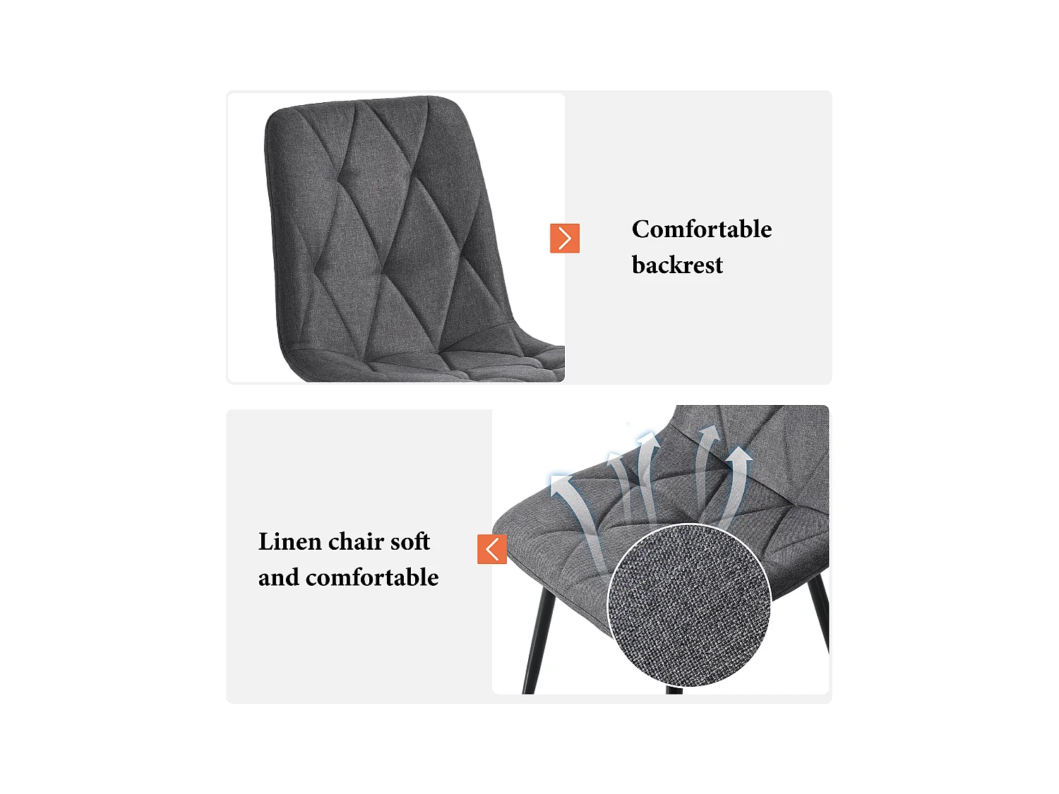 Conjunto de 4 sillas de comedor, Gris, en Lino, con respaldo y patas de metal