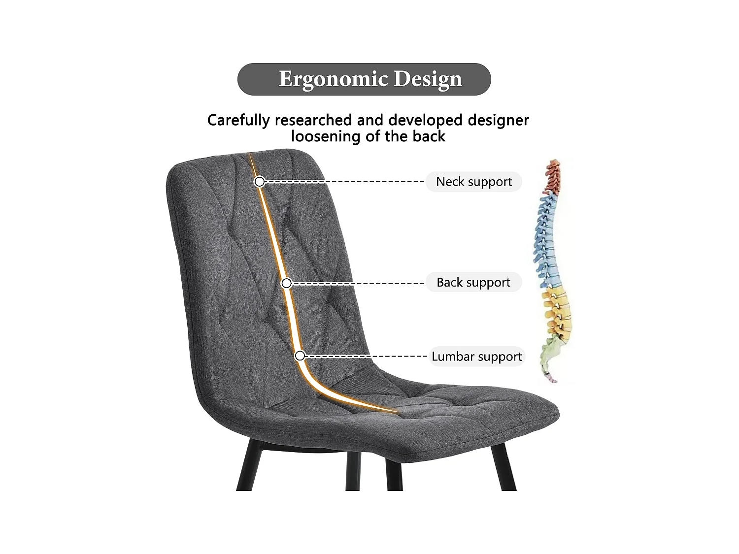 Conjunto de 4 sillas de comedor, Gris, en Lino, con respaldo y patas de metal