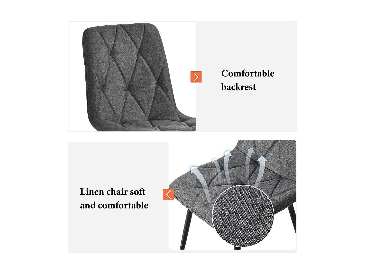 Conjunto de 4 cadeiras de jantar, Cinza, em Linho, com encosto e pés de metal