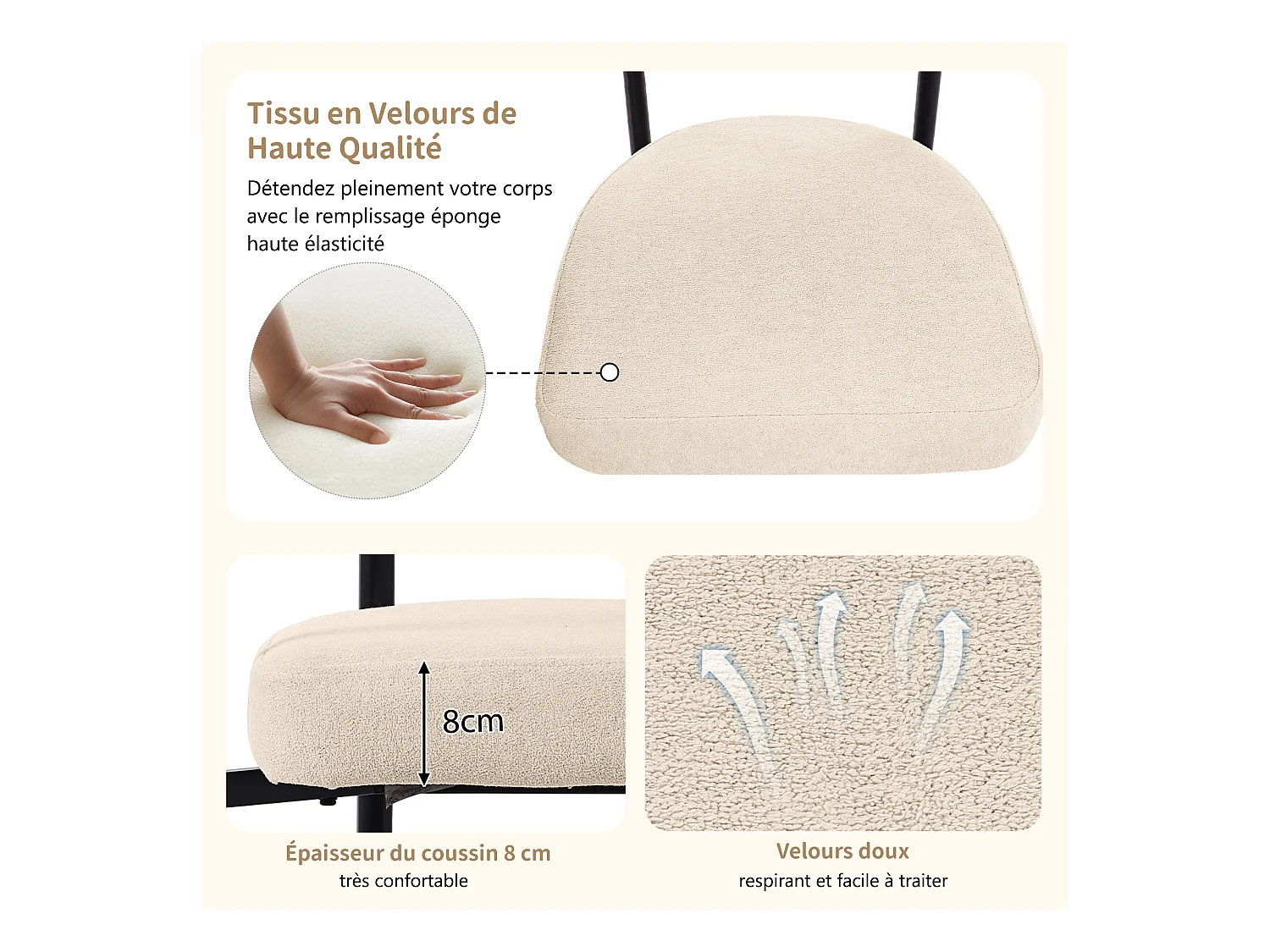 Conjunto de 2 cadeiras de jantar modernas, assentos confortáveis com argolas, sala de estar e escritório, bege