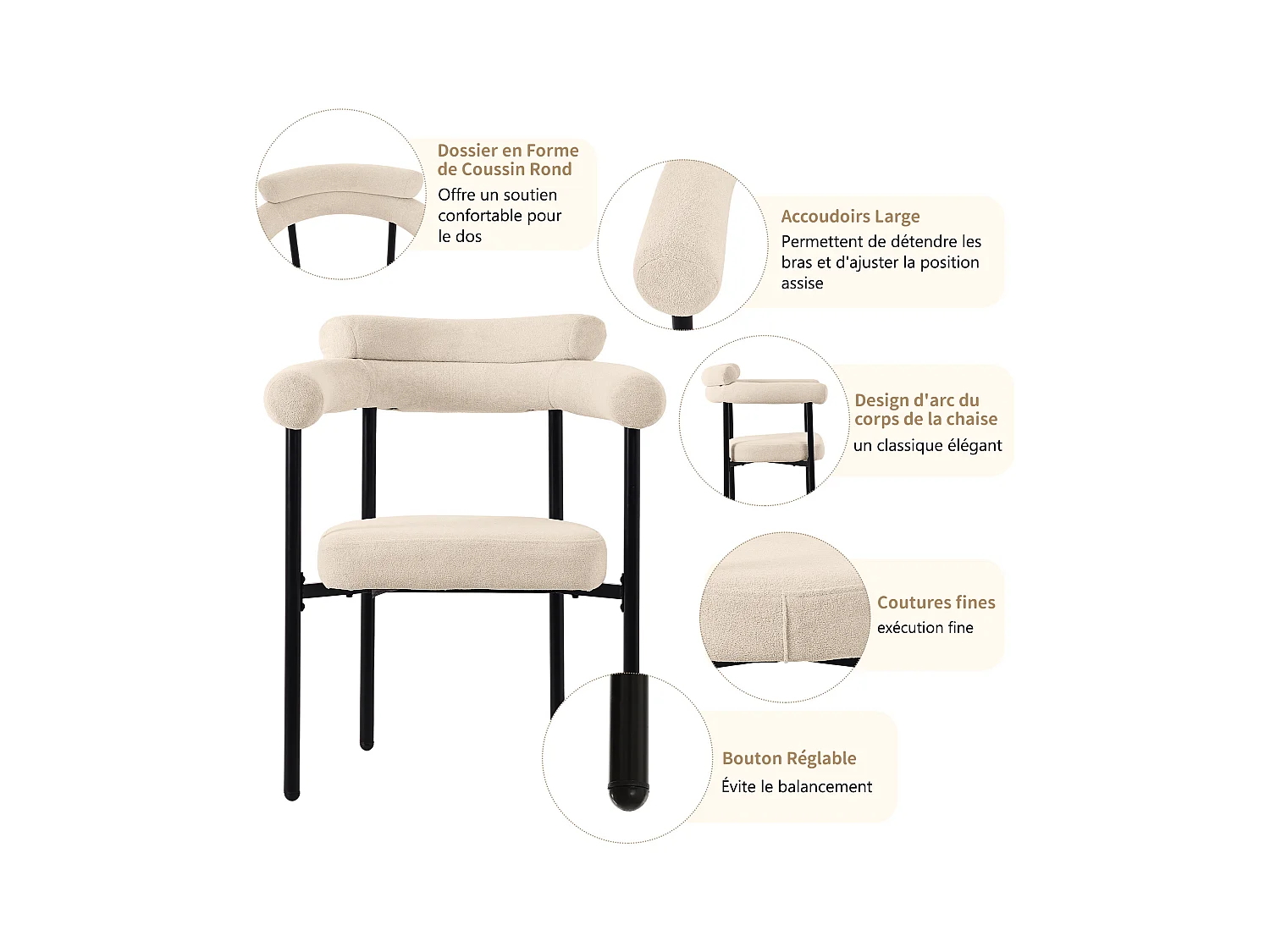 Conjunto de 2 cadeiras de jantar modernas, assentos confortáveis com argolas, sala de estar e escritório, bege