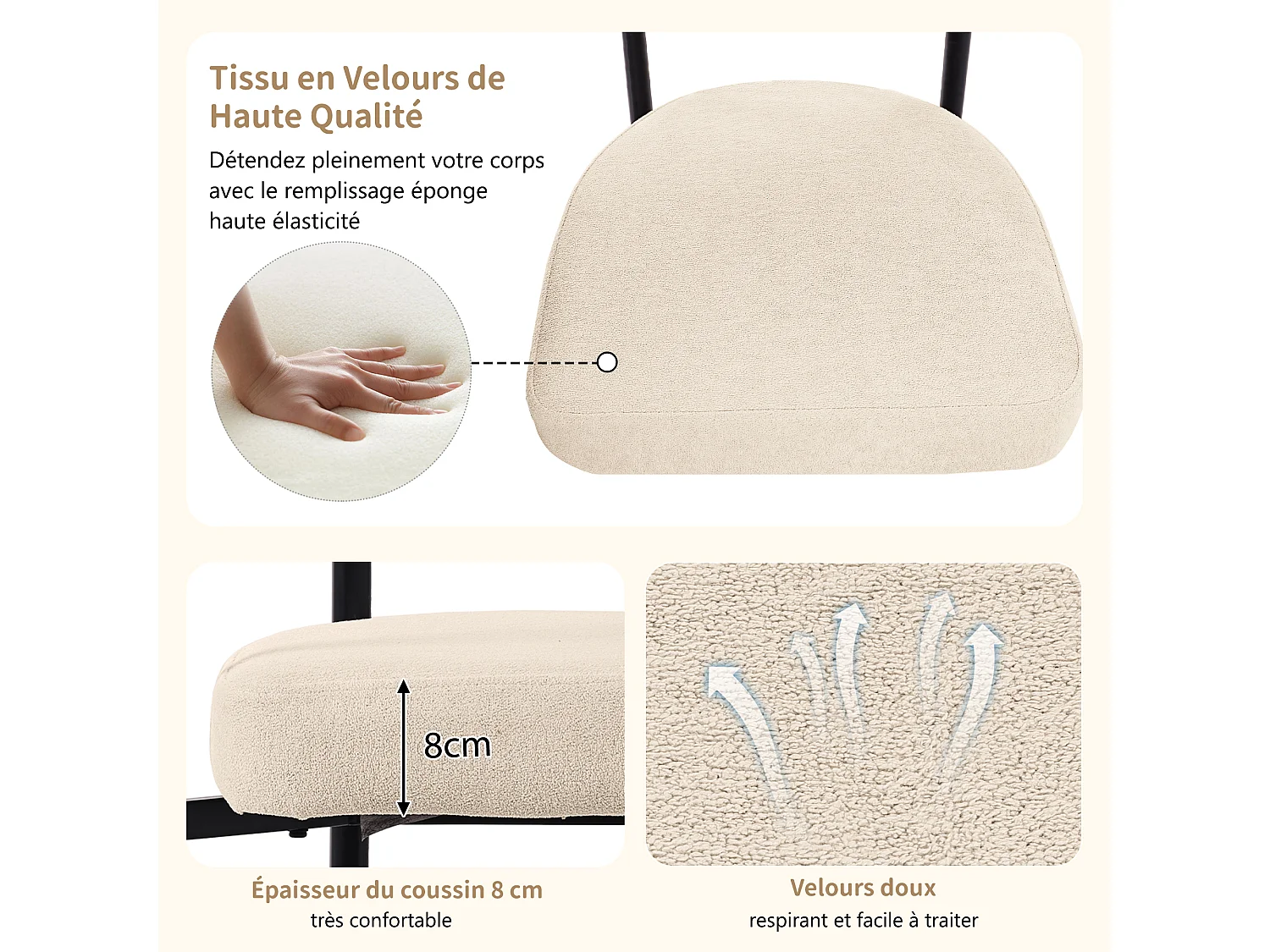 Lot de 2 chaises de salle à manger modernes, sièges confortables avec anneaux, salon et bureau,Beige