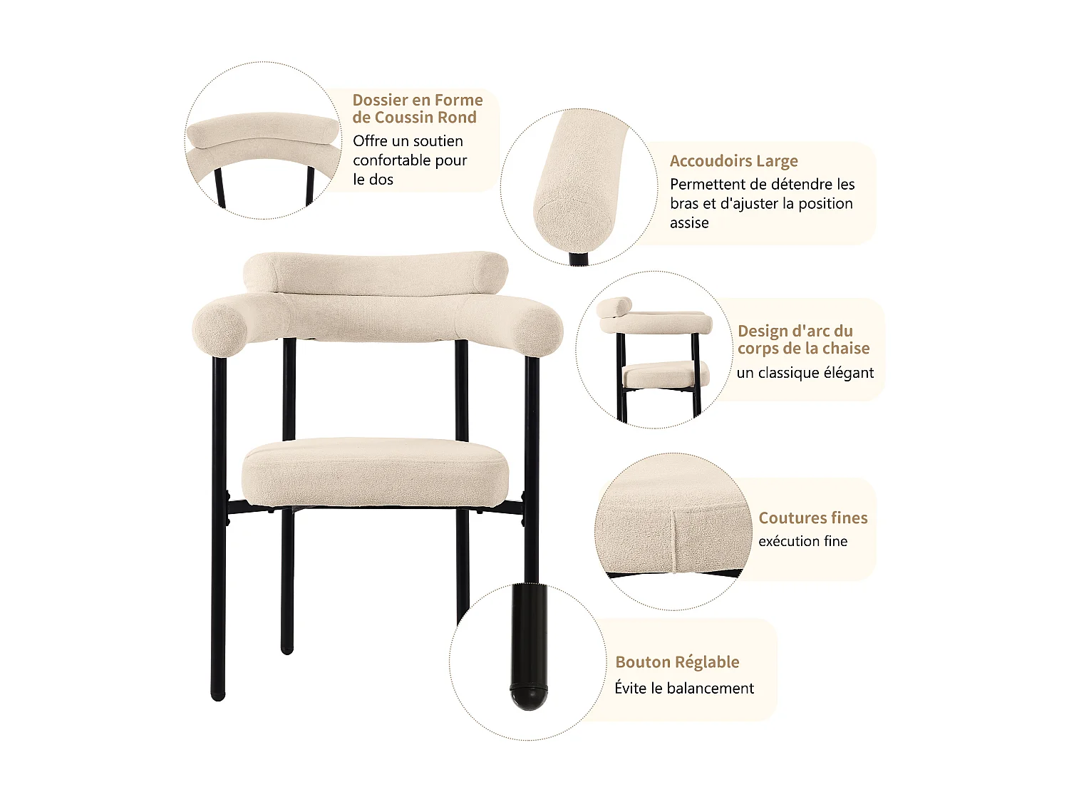 Lot de 2 chaises de salle à manger modernes, sièges confortables avec anneaux, salon et bureau,Beige