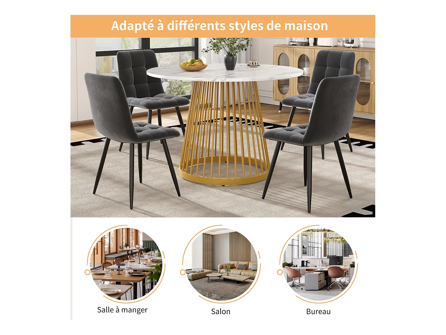 Mesa redonda para 4 personas, 80×80×76 cm, tablero de MDF marmolado, patas de metal dorado, ideal para cocina o salón.