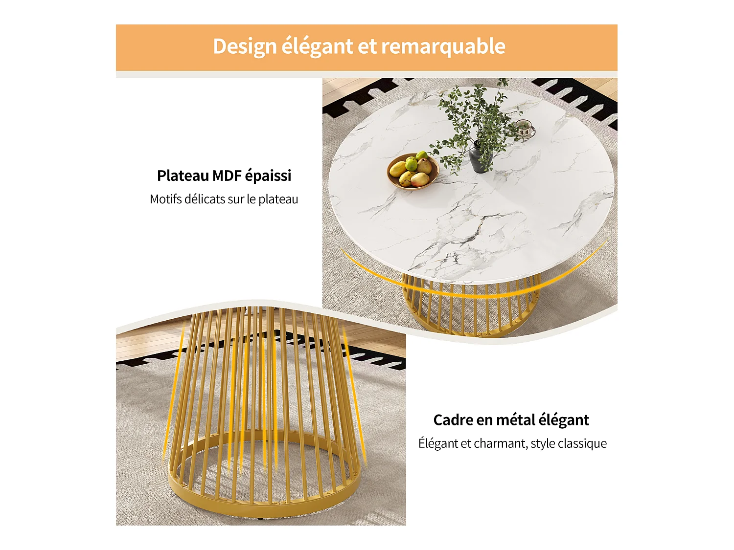 Mesa redonda para 4 personas, 80×80×76 cm, tablero de MDF marmolado, patas de metal dorado, ideal para cocina o salón.