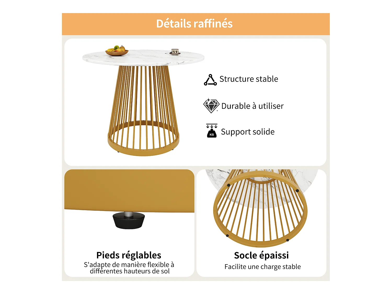 Mesa redonda para 4 personas, 80×80×76 cm, tablero de MDF marmolado, patas de metal dorado, ideal para cocina o salón.