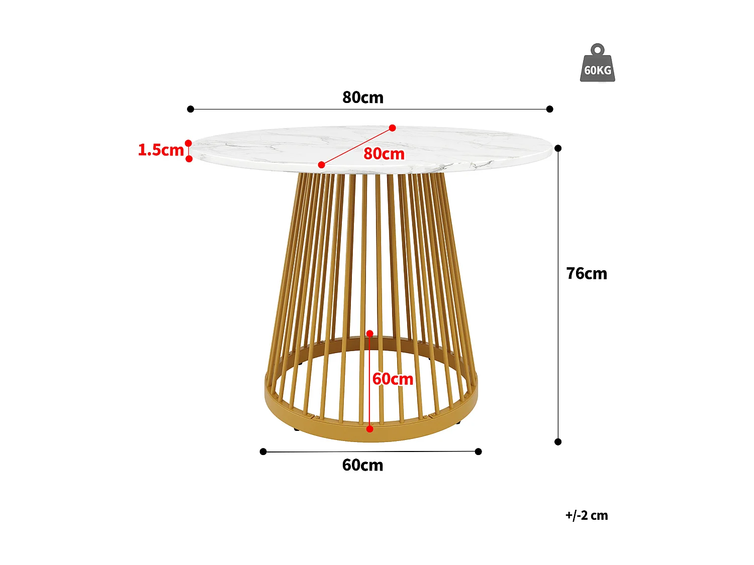 Table ronde 4 places 80×80×76 cm, plateau MDF marbré, pieds métal doré, idéale cuisine ou salon