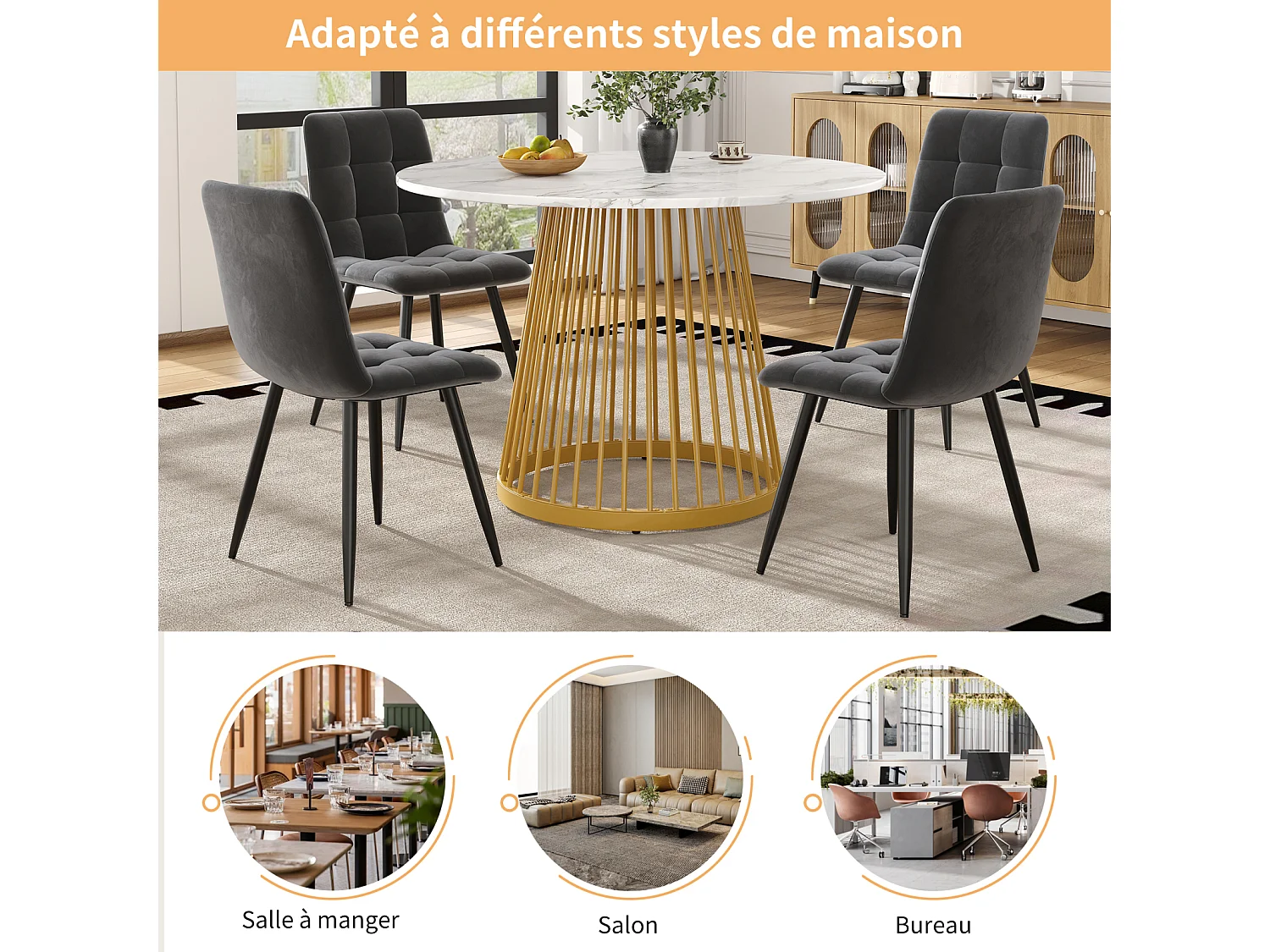 Table ronde 4 places 80×80×76 cm, plateau MDF marbré, pieds métal doré, idéale cuisine ou salon