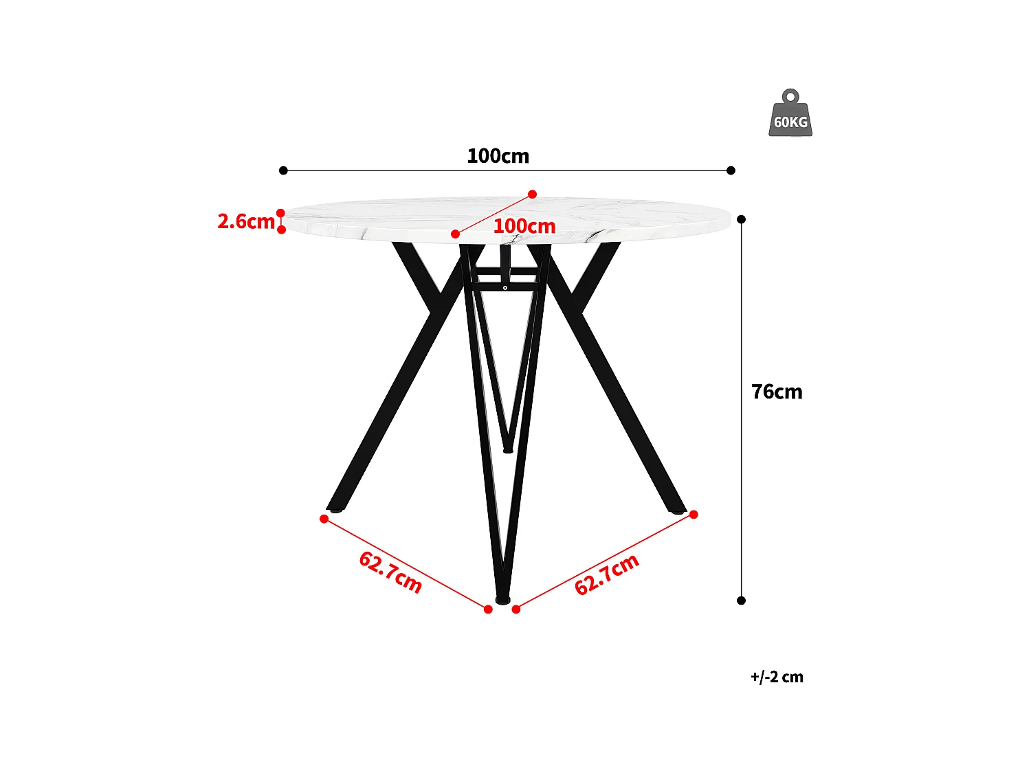 Mesa redonda para 4 personas, 100×100×76 cm, tablero de MDF efecto mármol, patas de metal negro, estilo moderno