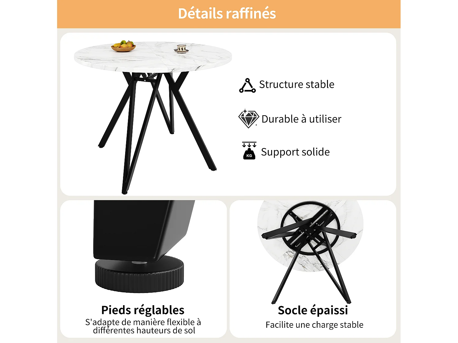 Mesa redonda para 4 personas, 100×100×76 cm, tablero de MDF efecto mármol, patas de metal negro, estilo moderno