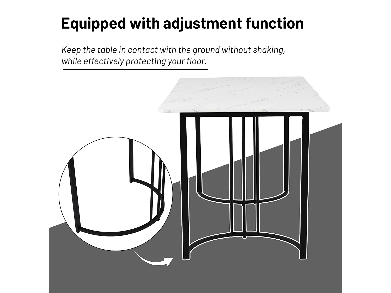 Table rectangulaire 140x80 cm, marbre Blanc, pieds métalliques ajustables, pour cuisine et salon
