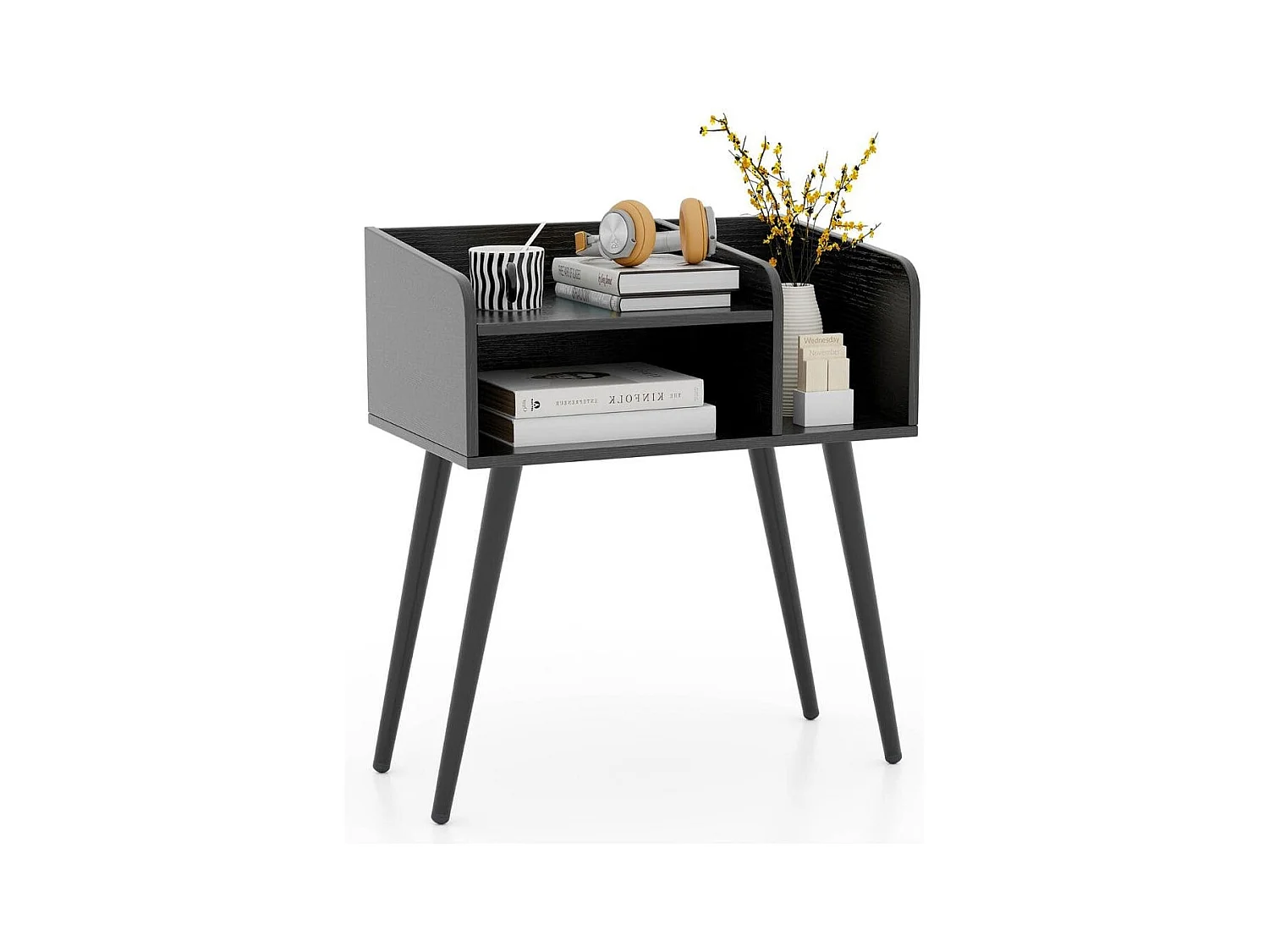 Nachttisch Beistelltisch mit offenem Fach Sofatisch mit Metallstützbeinen 50 x 32 x 58 cm Schwarz 1 Stück