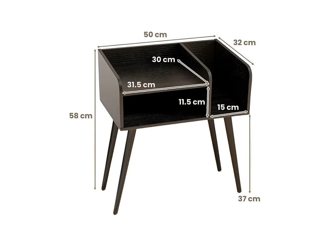 Nachttisch Beistelltisch mit offenem Fach Sofatisch mit Metallstützbeinen 50 x 32 x 58 cm Schwarz 1 Stück