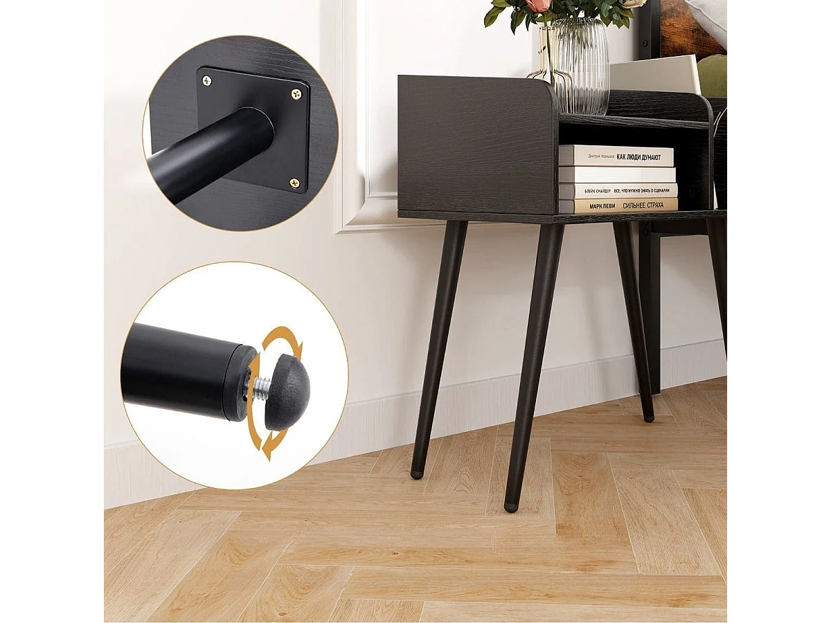 Nachttisch Beistelltisch mit offenem Fach Sofatisch mit Metallstützbeinen 50 x 32 x 58 cm Schwarz 1 Stück