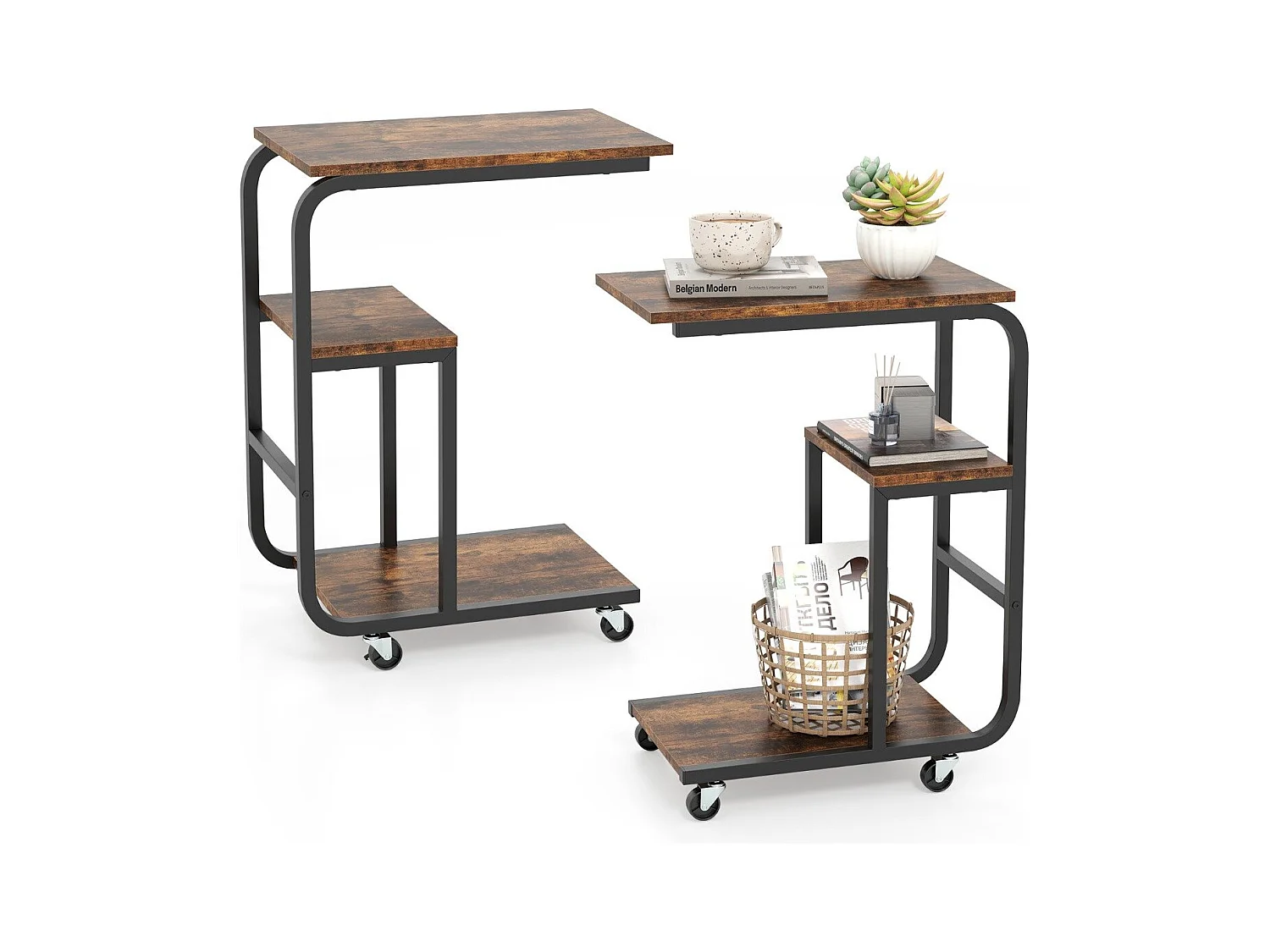 Set di 2 tavolini laterale C industriale per divano con struttura in metallo, Tavolino salvaspazio con ripiani aperti Marrone