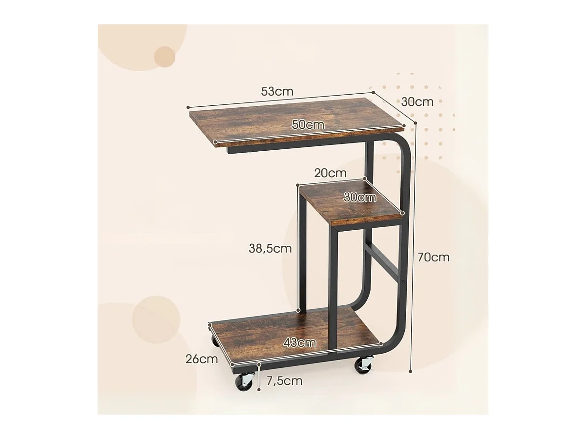 Set di 2 tavolini laterale C industriale per divano con struttura in metallo, Tavolino salvaspazio con ripiani aperti Marrone