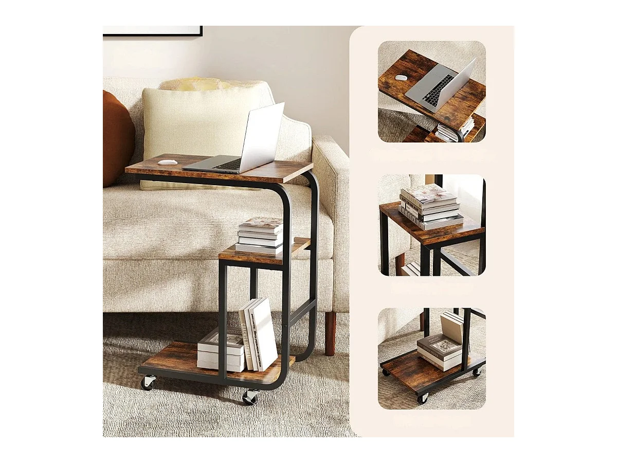 Set di 2 tavolini laterale C industriale per divano con struttura in metallo, Tavolino salvaspazio con ripiani aperti Marrone