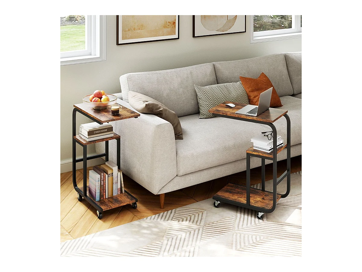 Set di 2 tavolini laterale C industriale per divano con struttura in metallo, Tavolino salvaspazio con ripiani aperti Marrone