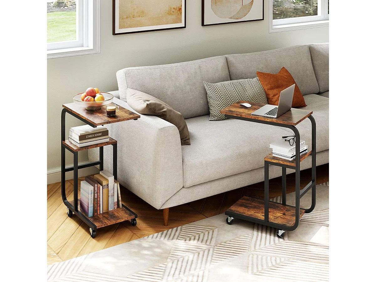 2er Set C-förmiger Beistelltisch mit Offenen Ablagen & Feststellbaren Rollen Platzsparender