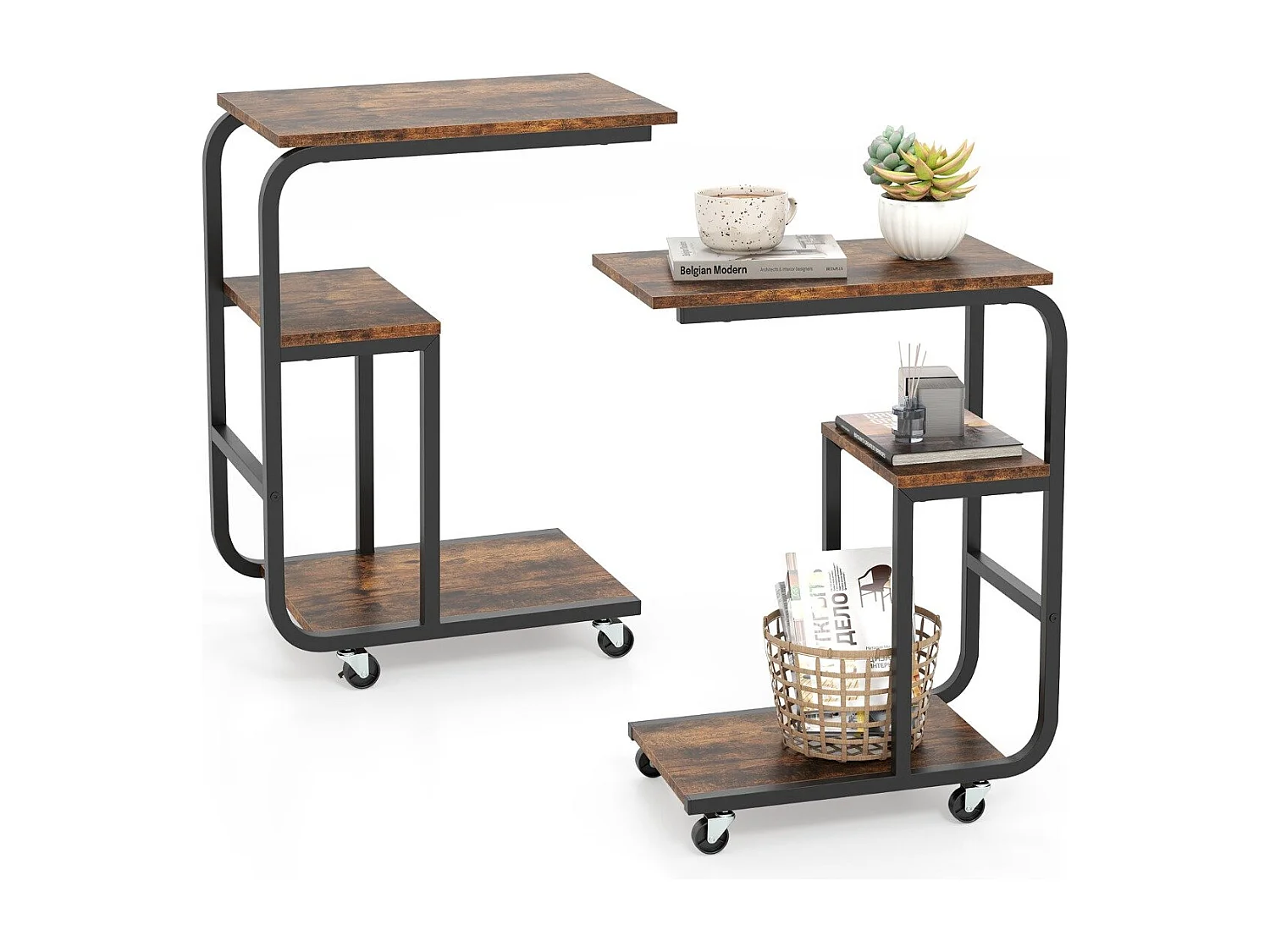 2er Set C-förmiger Beistelltisch mit Offenen Ablagen & Feststellbaren Rollen Platzsparender