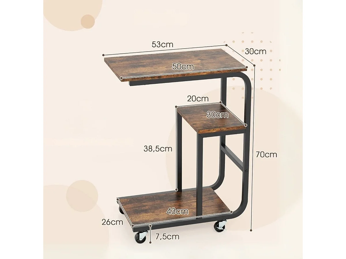 2er Set C-förmiger Beistelltisch mit Offenen Ablagen & Feststellbaren Rollen Platzsparender