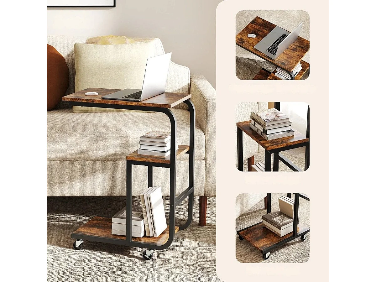 2er Set C-förmiger Beistelltisch mit Offenen Ablagen & Feststellbaren Rollen Platzsparender