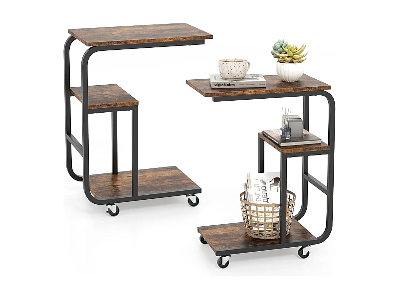 2er Set C-förmiger Beistelltisch mit Offenen Ablagen & Feststellbaren Rollen Platzsparender