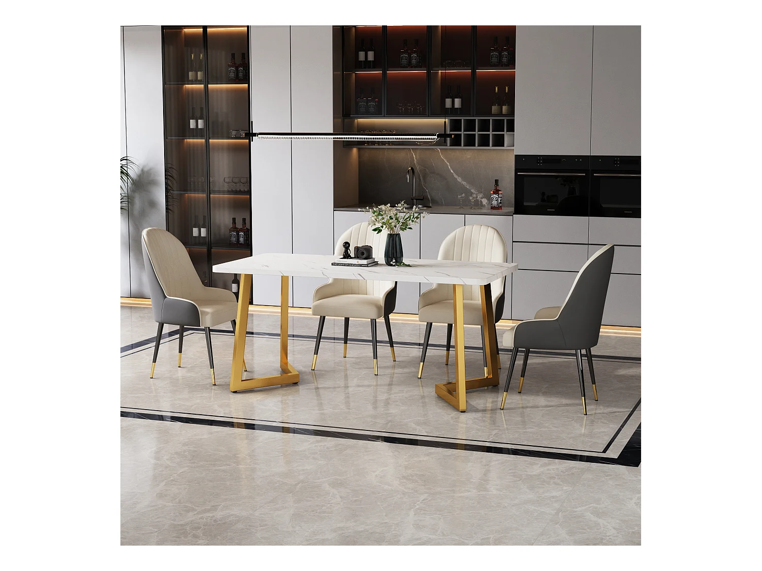 Mesa retangular 117x68 cm, padrão mármore branco, pés de metal dourado para cozinha e sala de estar