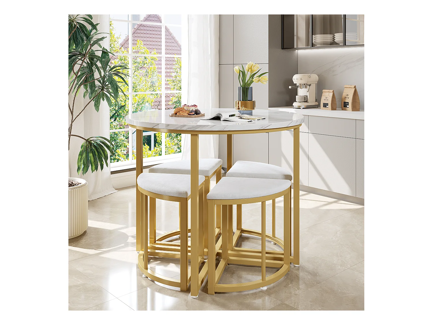 Mesa moderna con 4 sillas de terciopelo blanco, MDF y estructura de hierro dorado, elegante conjunto