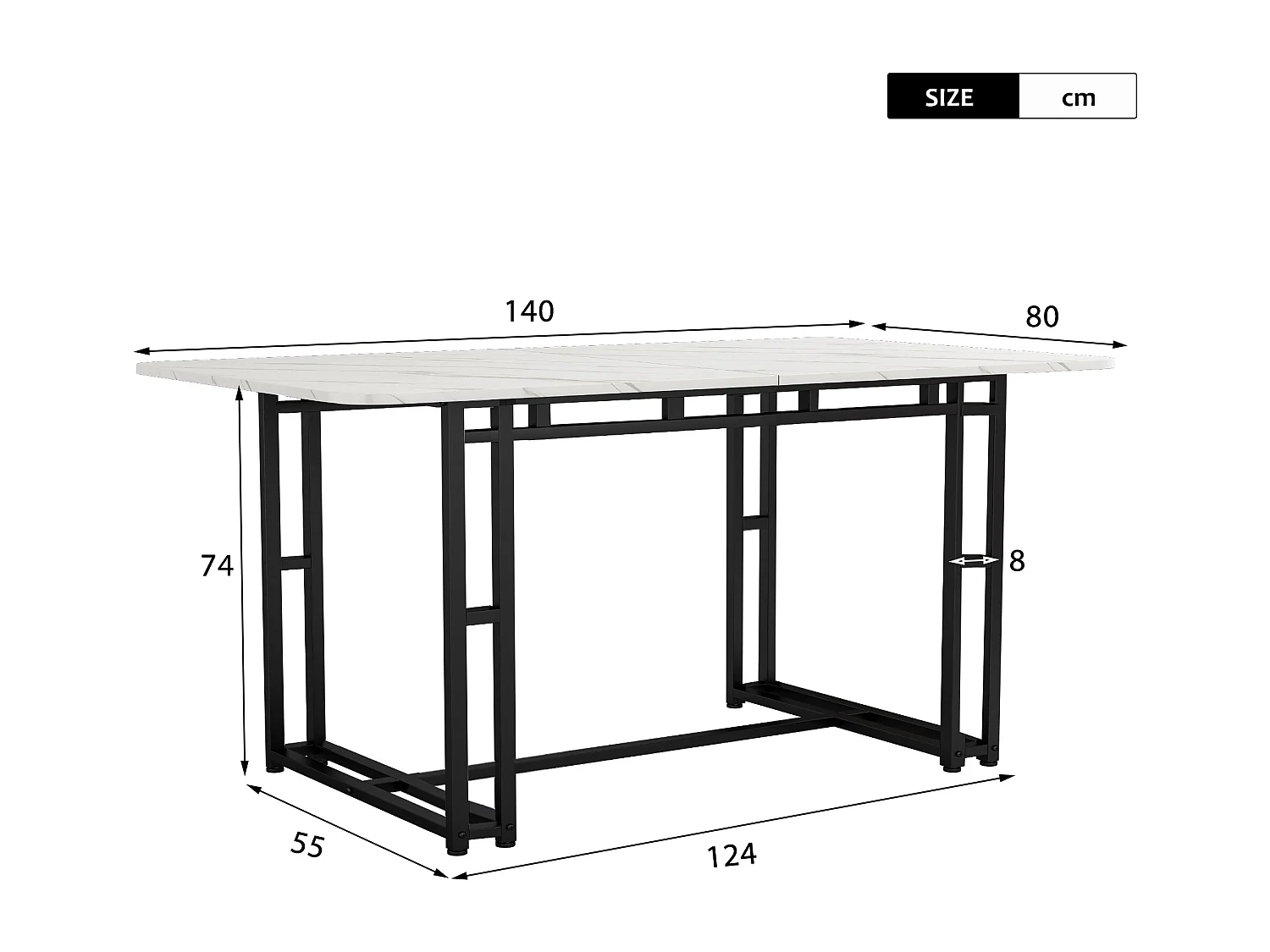 Moderne tafel van 140x80 cm, elegant design, zwarte metalen poten, geschikt voor eetkamer en keuken.