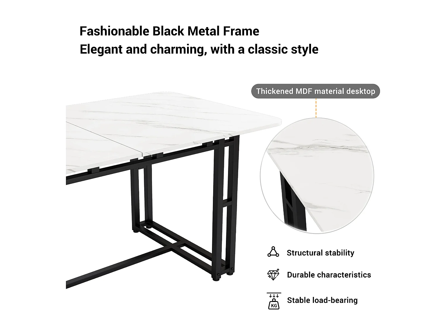 Moderne tafel van 140x80 cm, elegant design, zwarte metalen poten, geschikt voor eetkamer en keuken.
