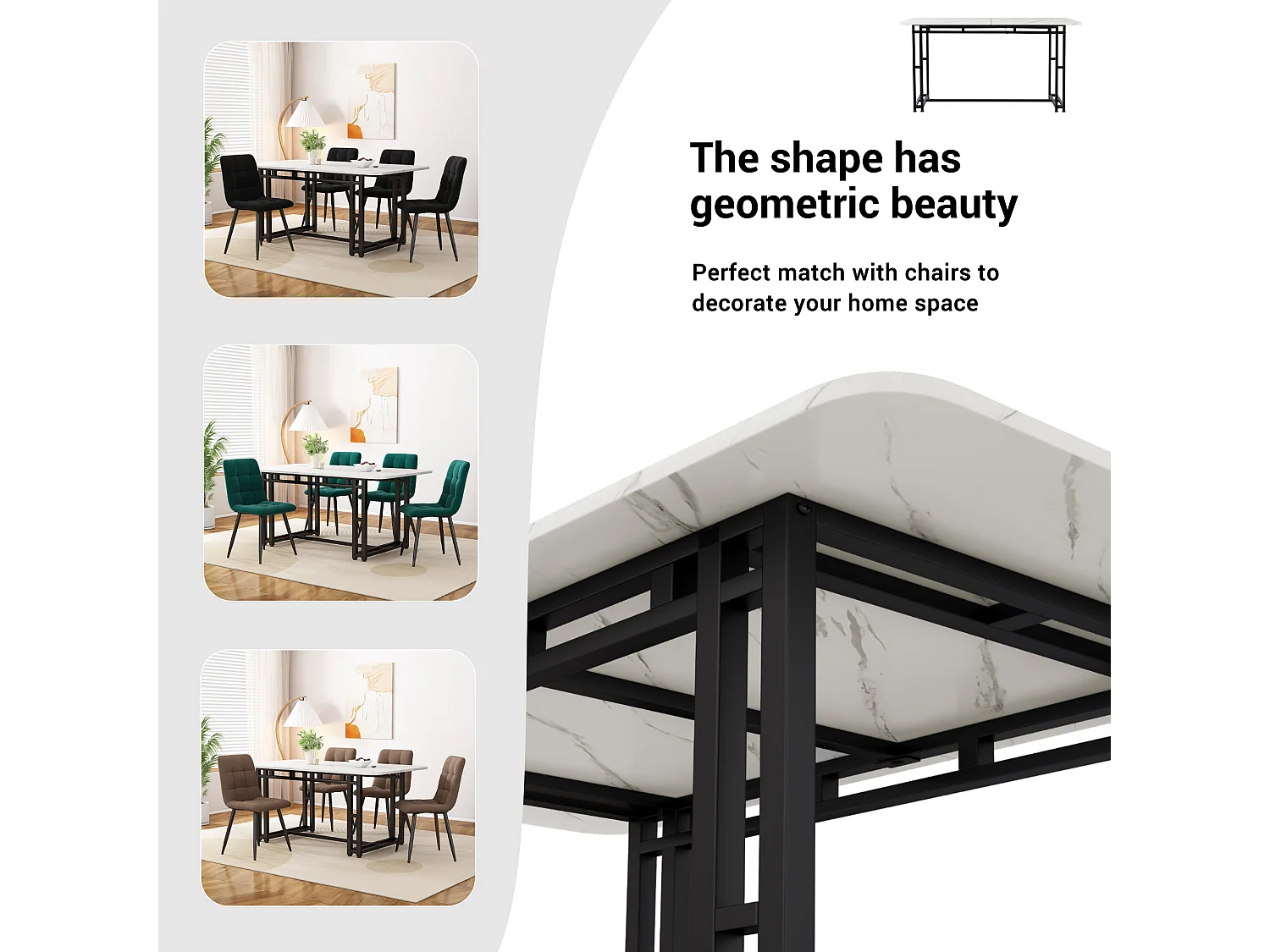 Moderne tafel van 140x80 cm, elegant design, zwarte metalen poten, geschikt voor eetkamer en keuken.