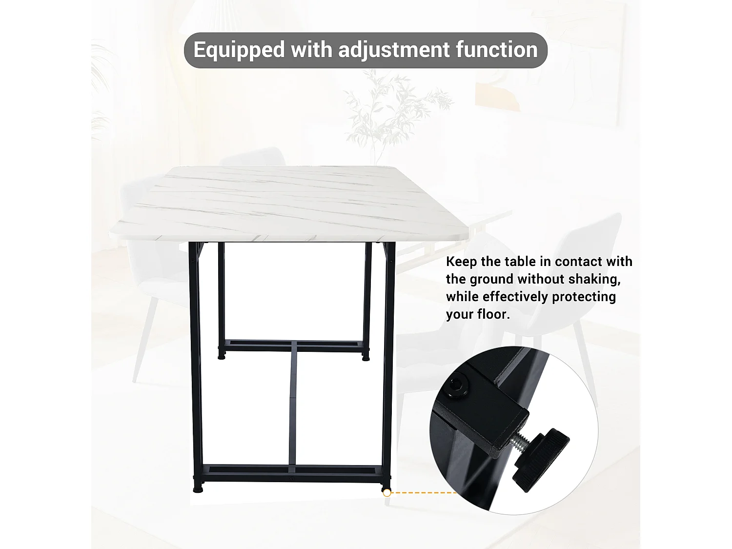Moderne tafel van 140x80 cm, elegant design, zwarte metalen poten, geschikt voor eetkamer en keuken.