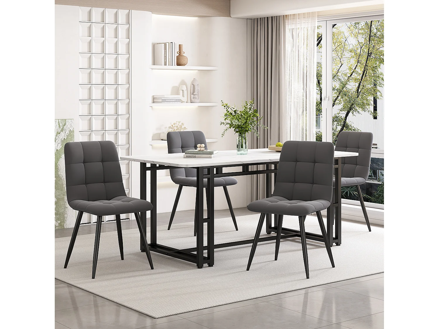 Moderne tafel van 140x80 cm, elegant design, zwarte metalen poten, geschikt voor eetkamer en keuken.