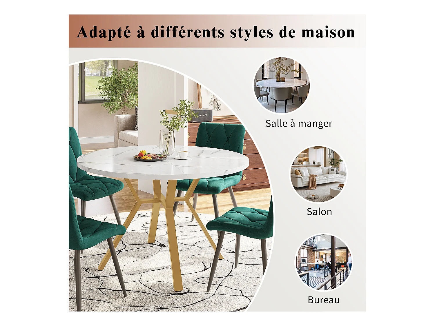 Table à manger ronde moderne et simple 100 x 75 cm, aspect marbre, avec support en métal, Blanc