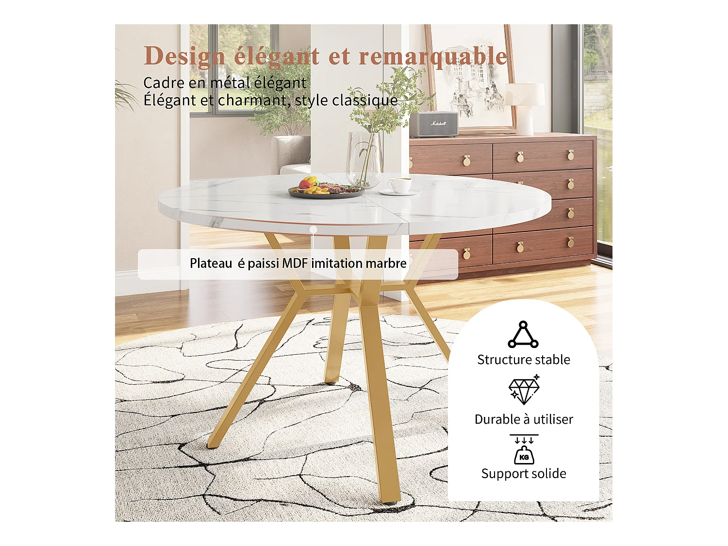 Table à manger ronde moderne et simple 100 x 75 cm, aspect marbre, avec support en métal, Blanc