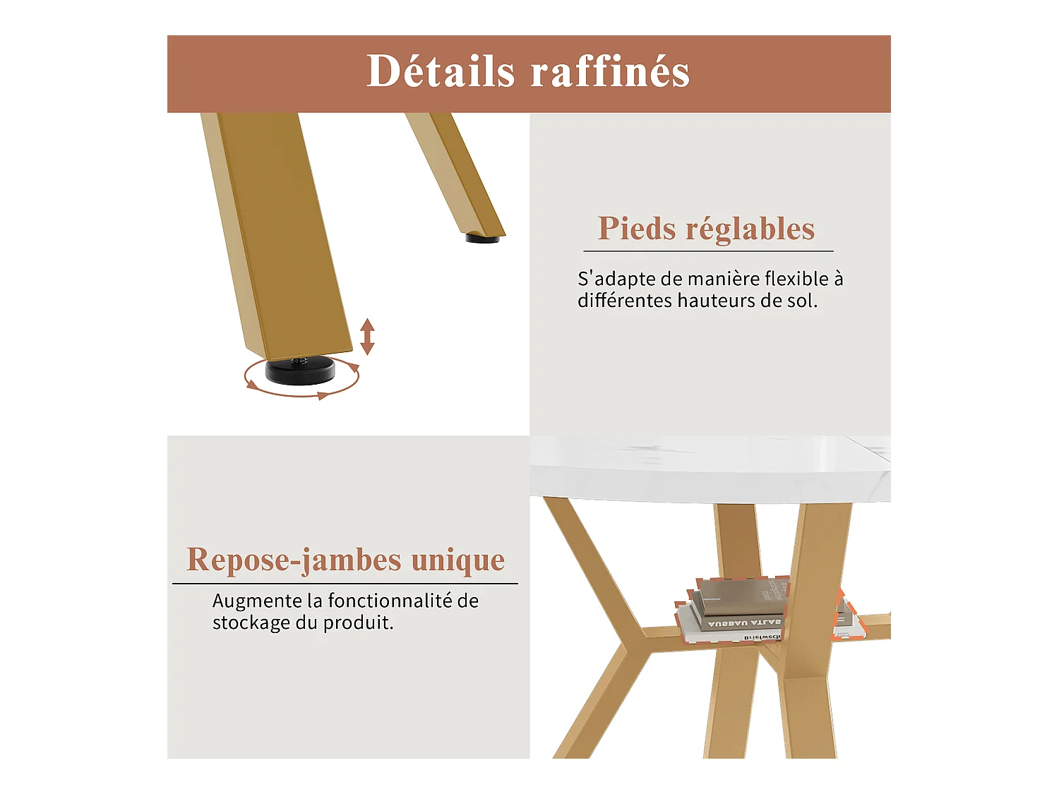 Table à manger ronde moderne et simple 100 x 75 cm, aspect marbre, avec support en métal, Blanc