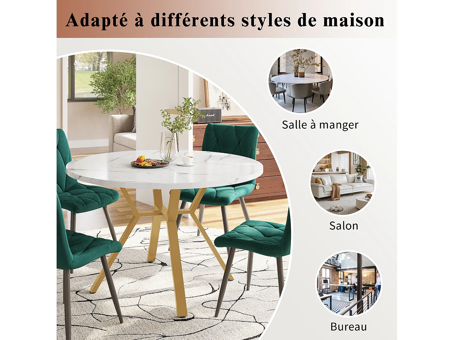 Tavolo da pranzo rotondo moderno e semplice, 100 x 75 cm, effetto marmo, con base in metallo, bianco