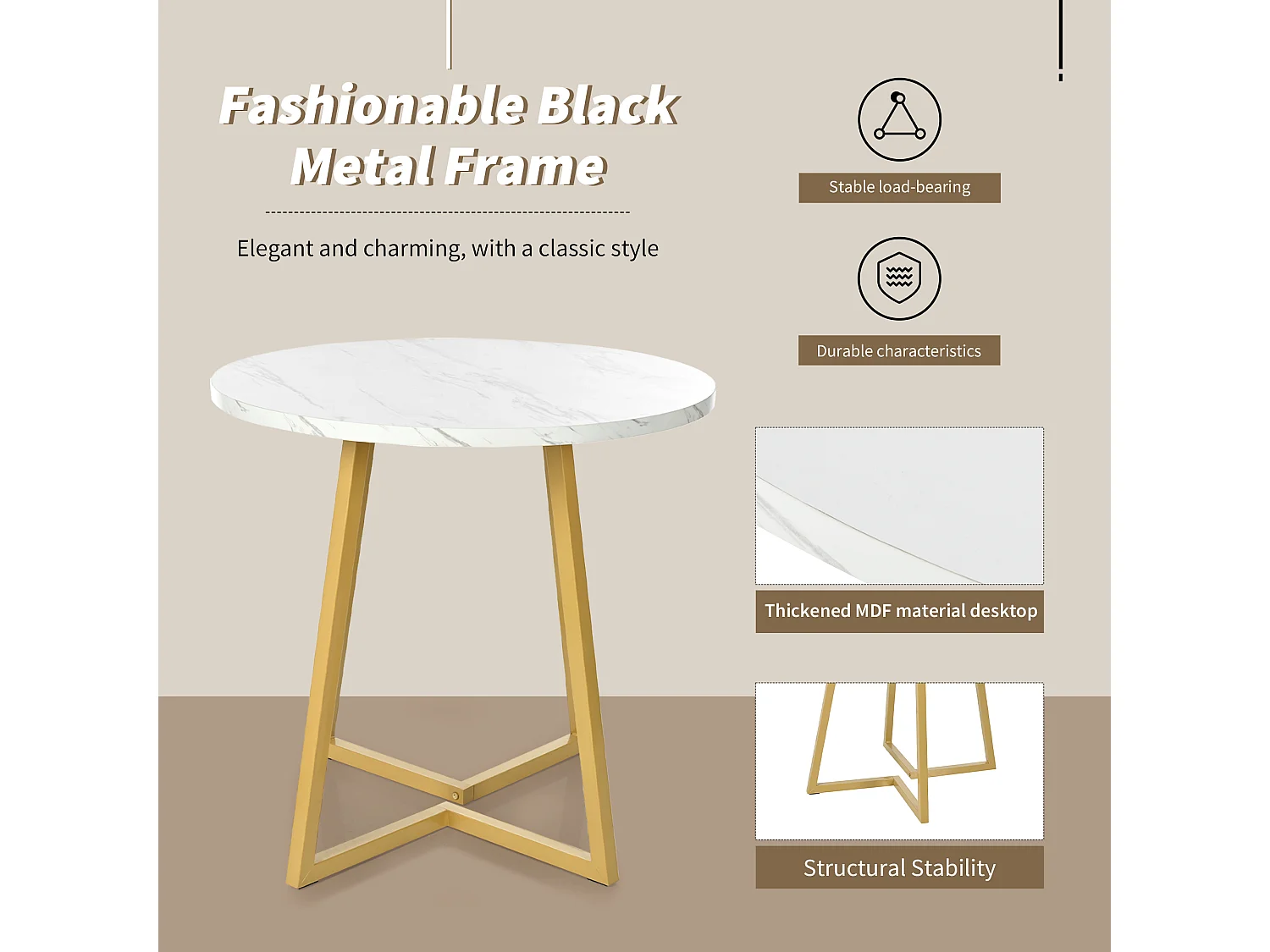 Tavolo rotondo di design, piano in marmo bianco, base in metallo dorato, per sala da pranzo e soggiorno
