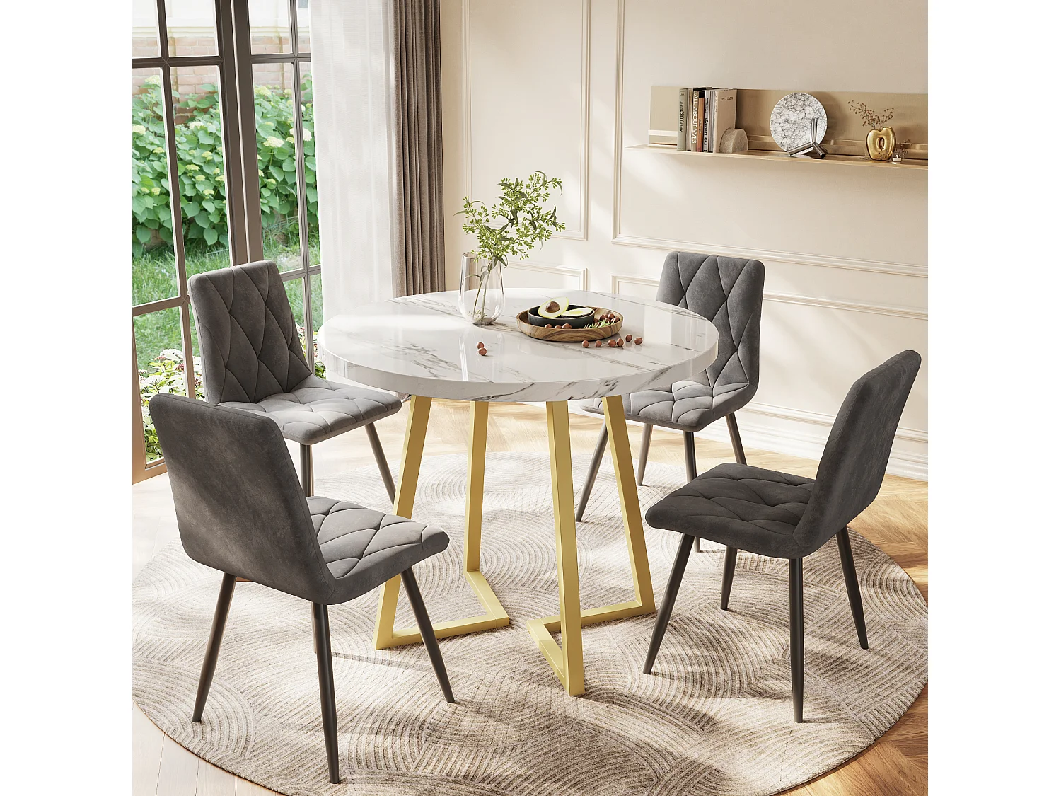 Tavolo rotondo di design, piano in marmo bianco, base in metallo dorato, per sala da pranzo e soggiorno