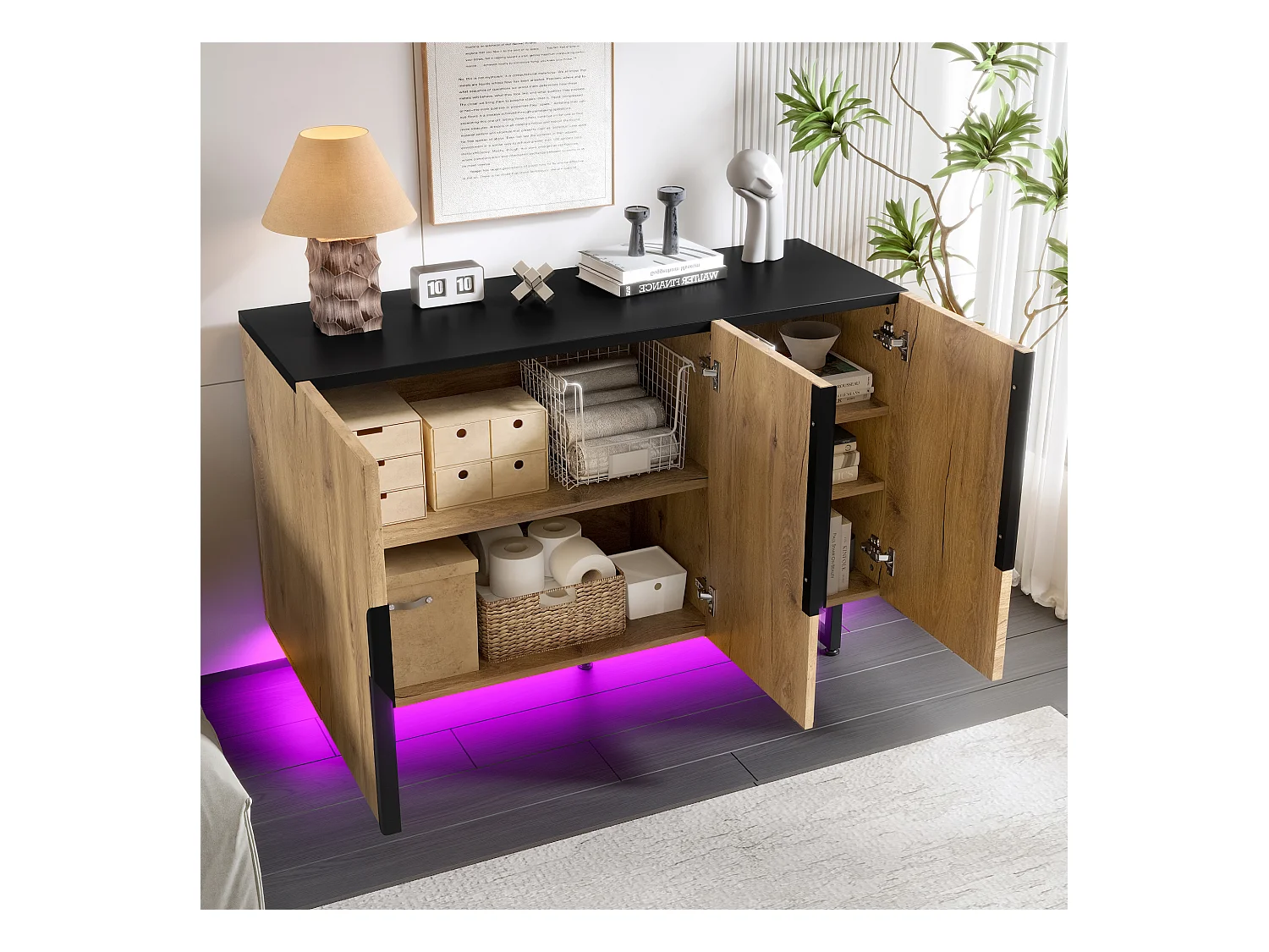 Buffet rétro avec Leds - 120 x 40 x 80 cm - avec étagères + pieds réglables + 3 portes - bois + métal - naturel