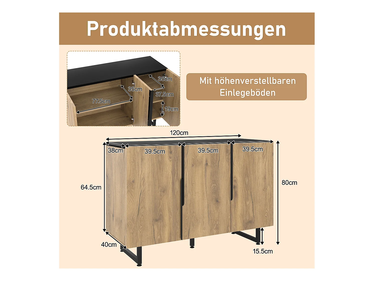 Buffet rétro avec Leds - 120 x 40 x 80 cm - avec étagères + pieds réglables + 3 portes - bois + métal - naturel