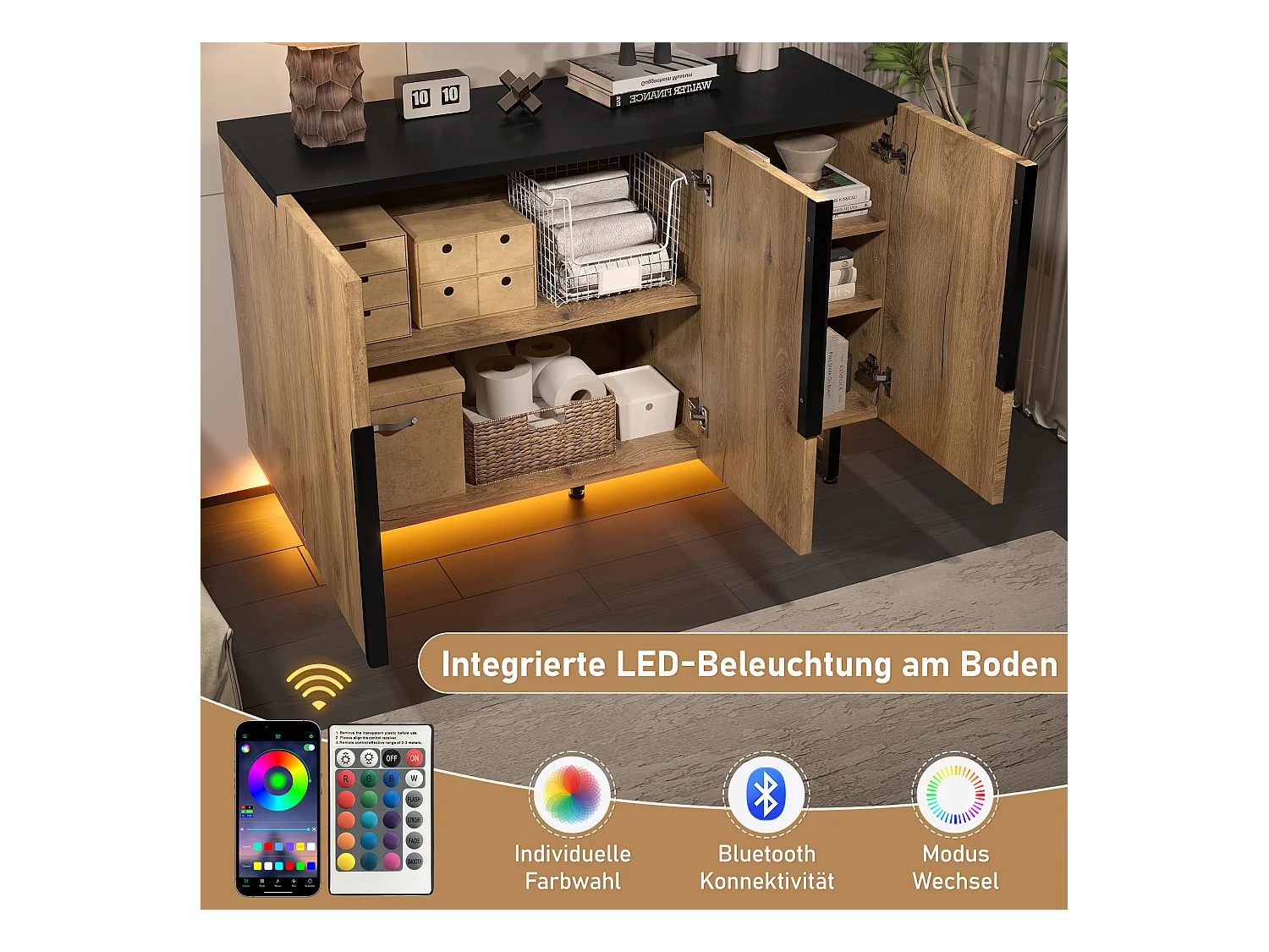 Buffet rétro avec Leds - 120 x 40 x 80 cm - avec étagères + pieds réglables + 3 portes - bois + métal - naturel