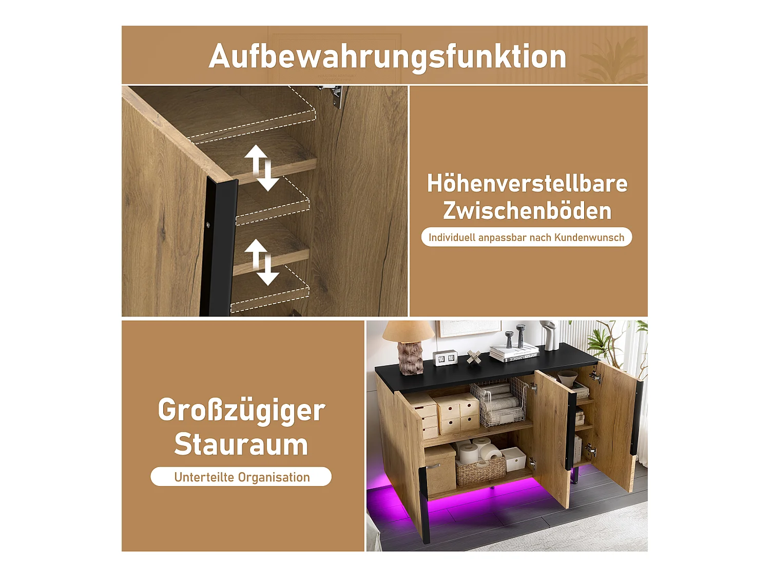 Buffet rétro avec Leds - 120 x 40 x 80 cm - avec étagères + pieds réglables + 3 portes - bois + métal - naturel