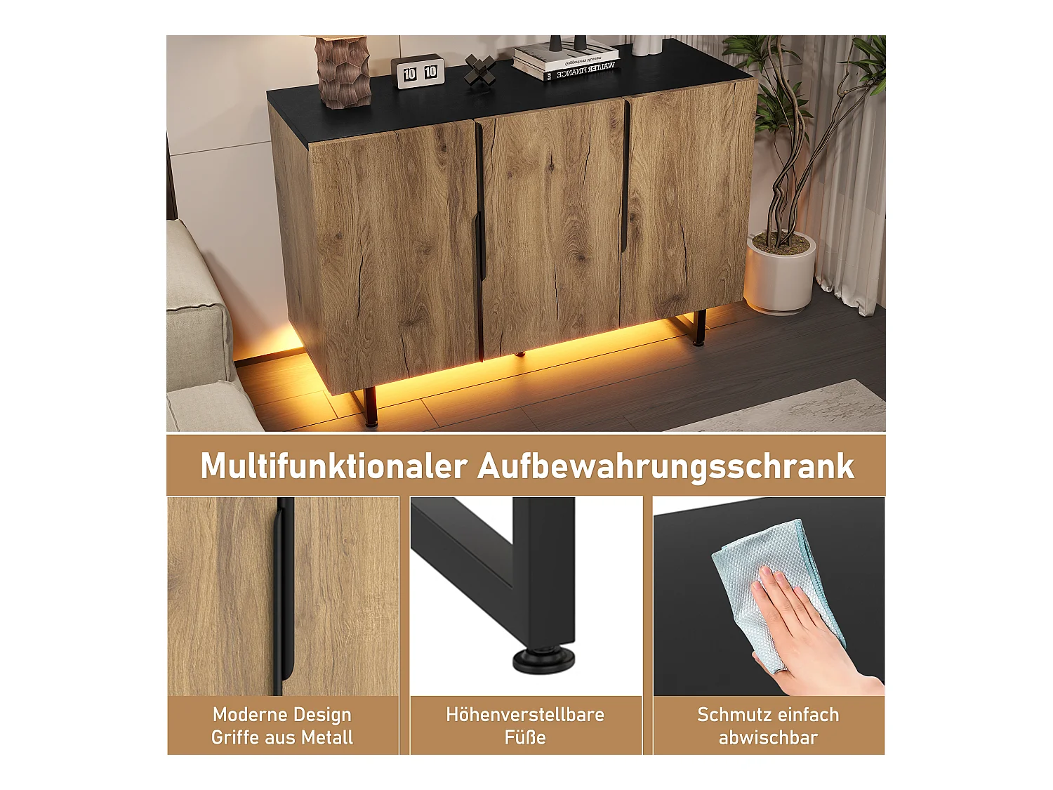 Buffet rétro avec Leds - 120 x 40 x 80 cm - avec étagères + pieds réglables + 3 portes - bois + métal - naturel